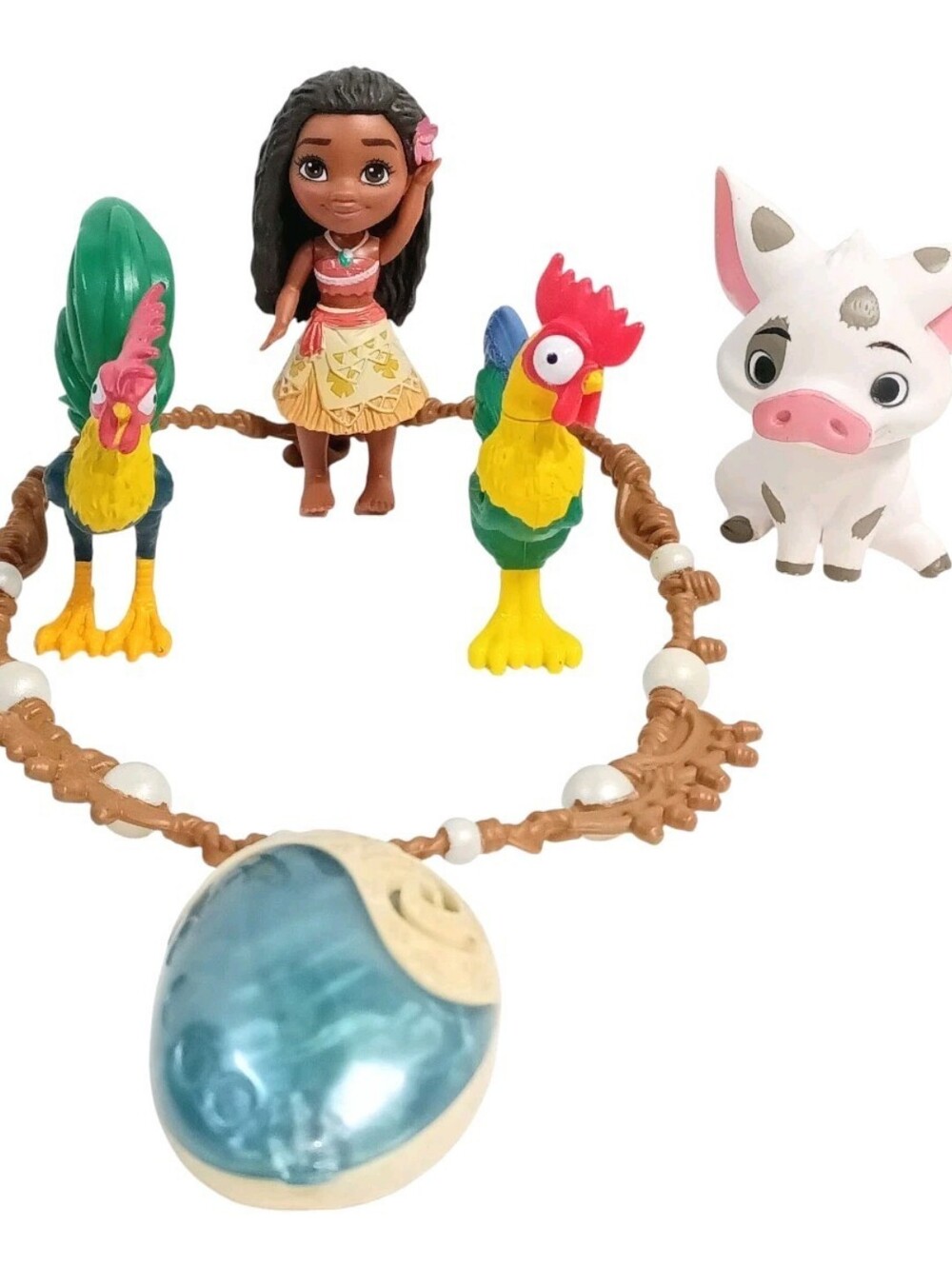 Lot of 5 Moana Toy Figures & Necklace Pua, Hei Hei *Necklace Needs New Battery*